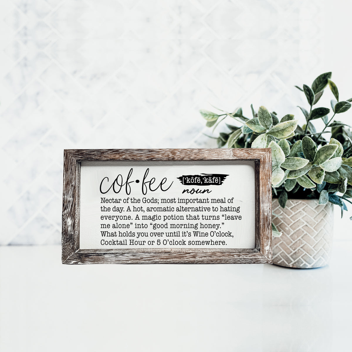 A humorous wooden Coffee Definition Sign featuring playful coffee quotes, perfect for coffee bar decor.