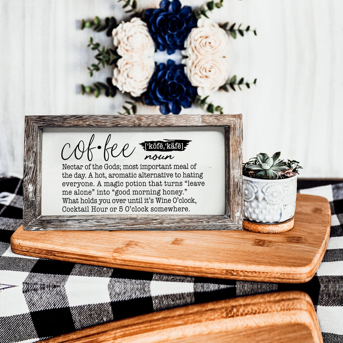 A humorous wooden Coffee Definition Sign featuring playful coffee quotes, perfect for coffee bar decor.