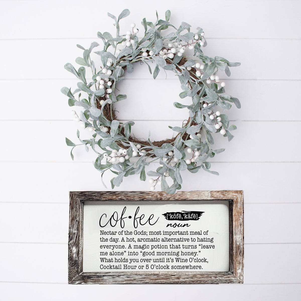 A humorous wooden Coffee Definition Sign featuring playful coffee quotes, perfect for coffee bar decor.