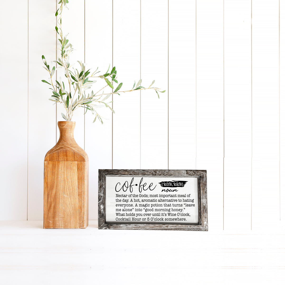 A humorous wooden Coffee Definition Sign featuring playful coffee quotes, perfect for coffee bar decor.