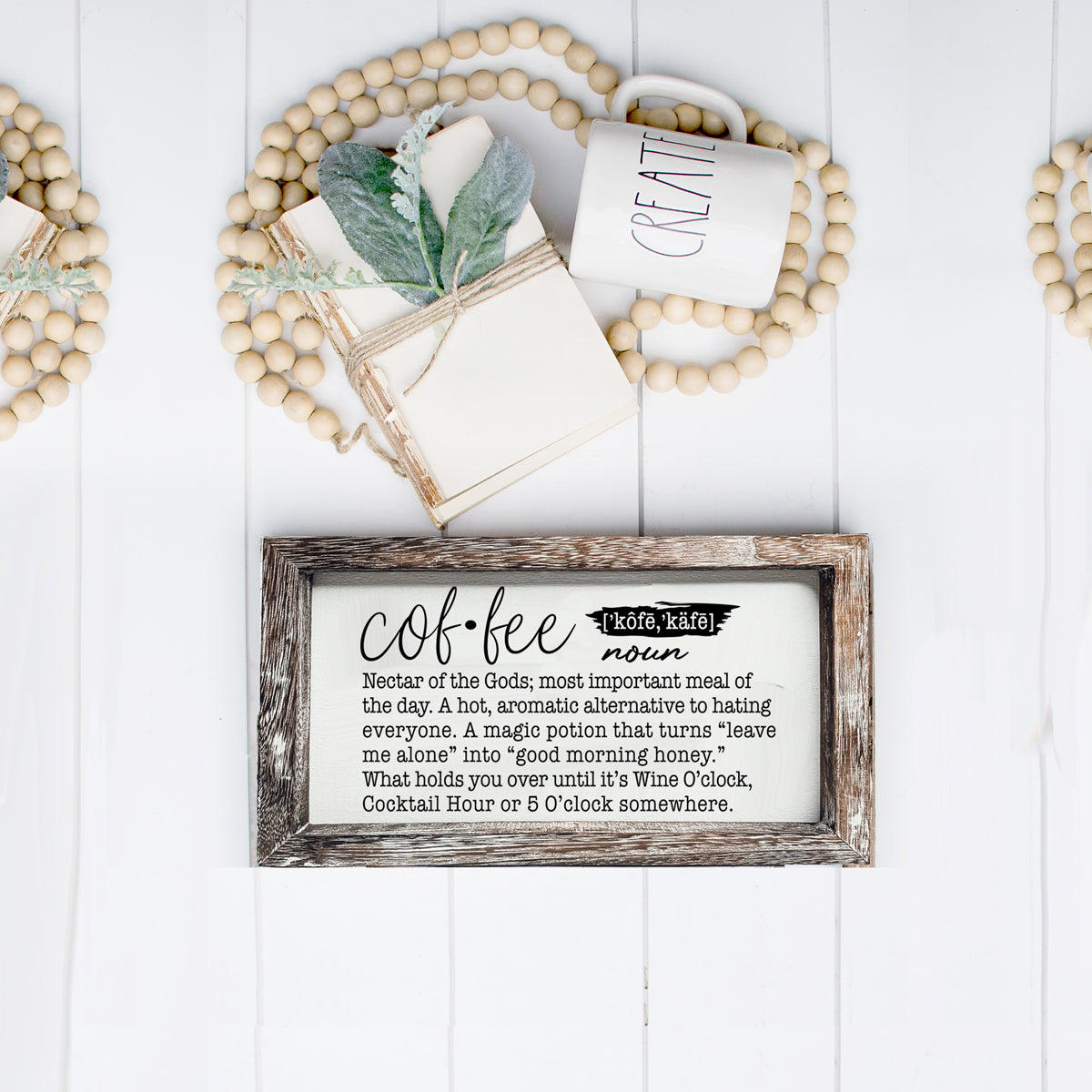 A humorous wooden Coffee Definition Sign featuring playful coffee quotes, perfect for coffee bar decor.