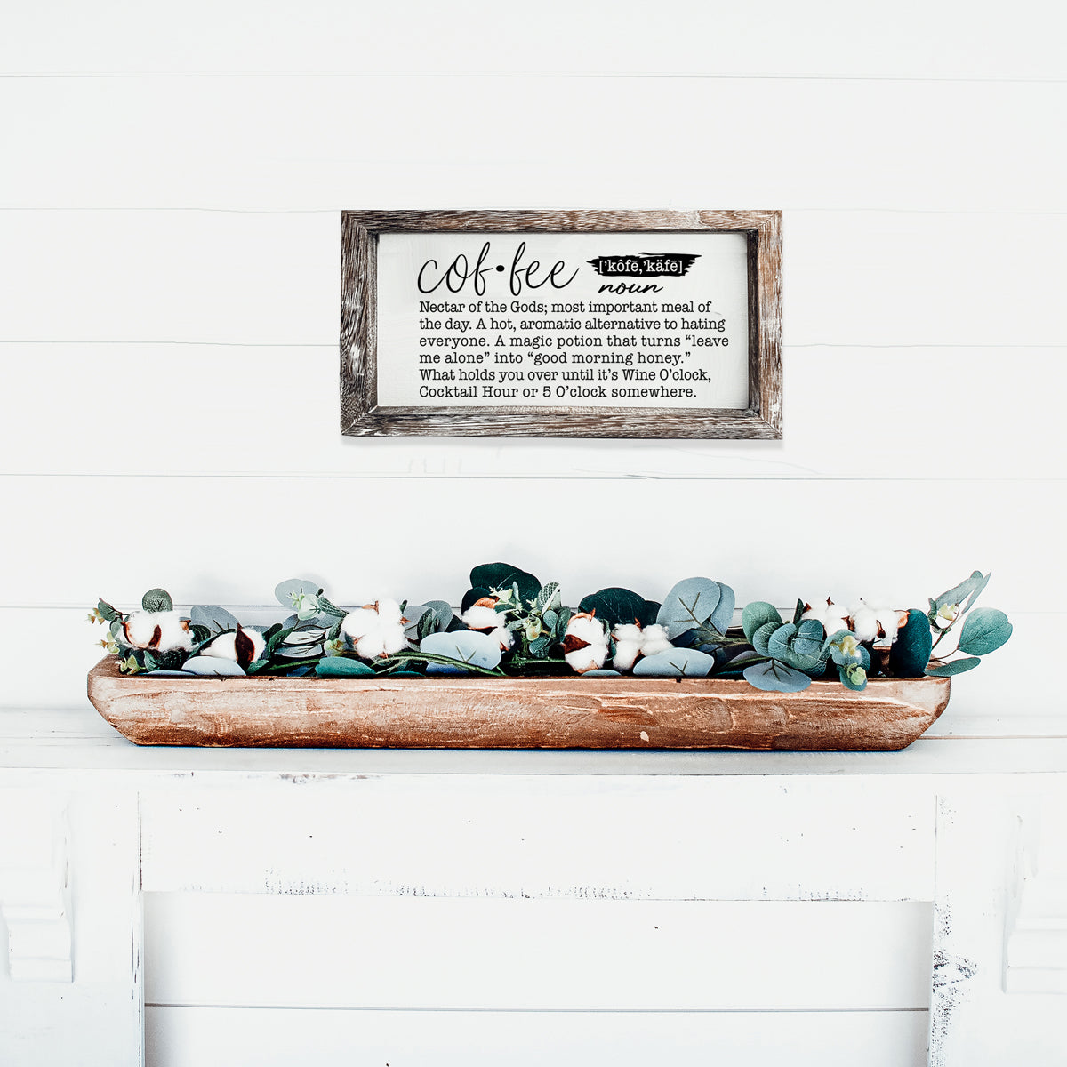 A humorous wooden Coffee Definition Sign featuring playful coffee quotes, perfect for coffee bar decor.