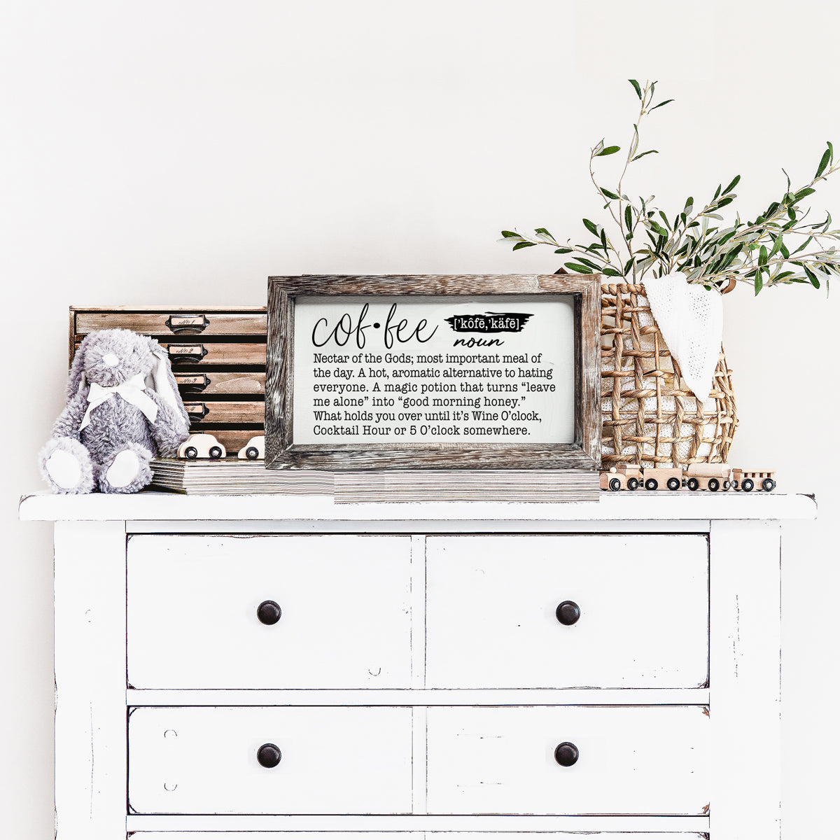 A humorous wooden Coffee Definition Sign featuring playful coffee quotes, perfect for coffee bar decor.