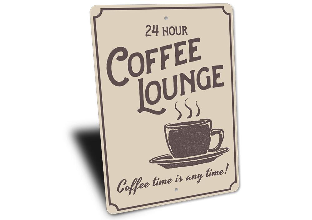 A decorative Coffee Lounge Sign made of high-quality aluminum, featuring customizable text and pre-drilled holes for easy mounting.