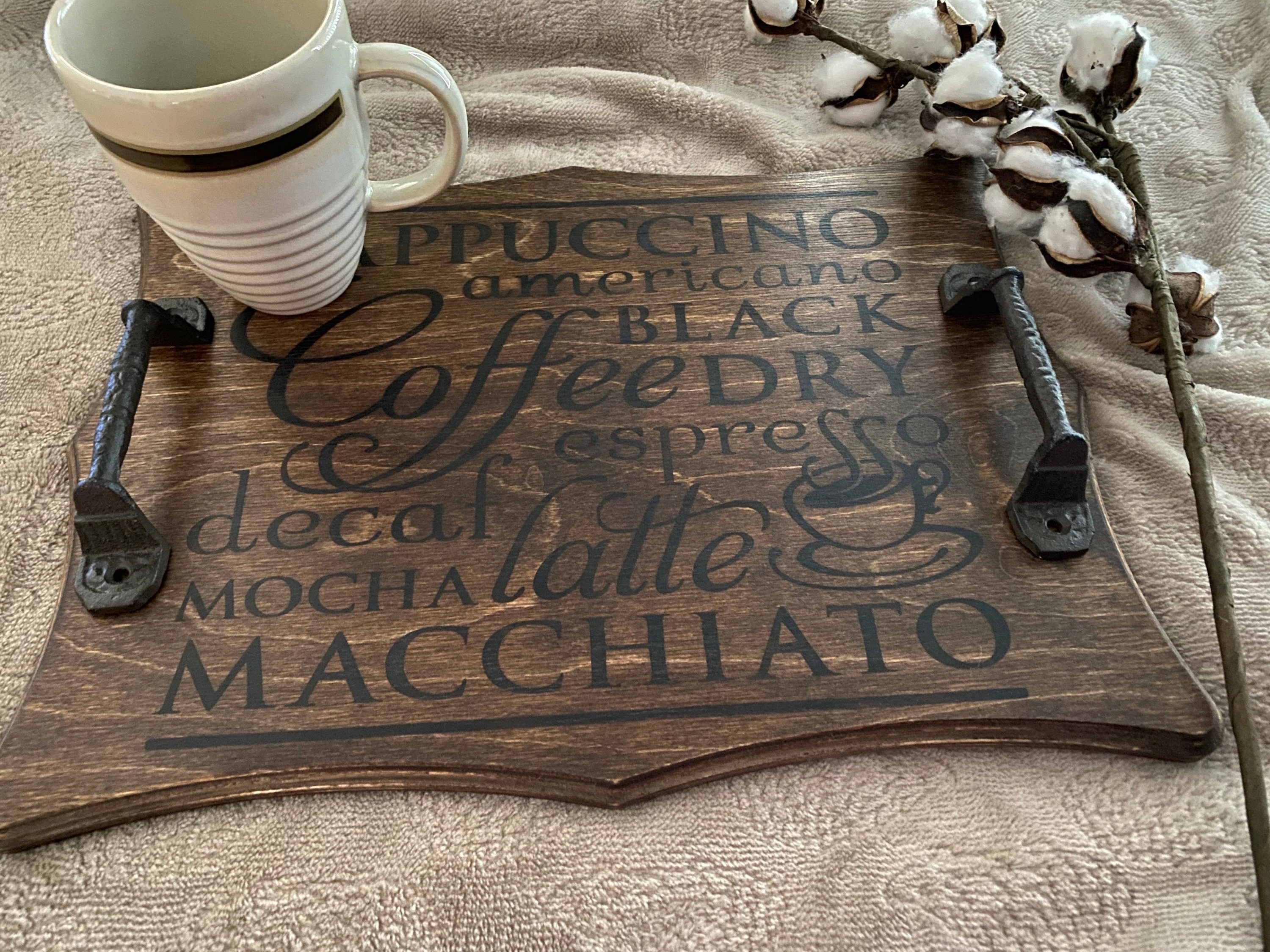 Handmade Coffee Rectangle Ottoman Tray made of maple plywood with a rich chestnut stain and coffee drink designs.