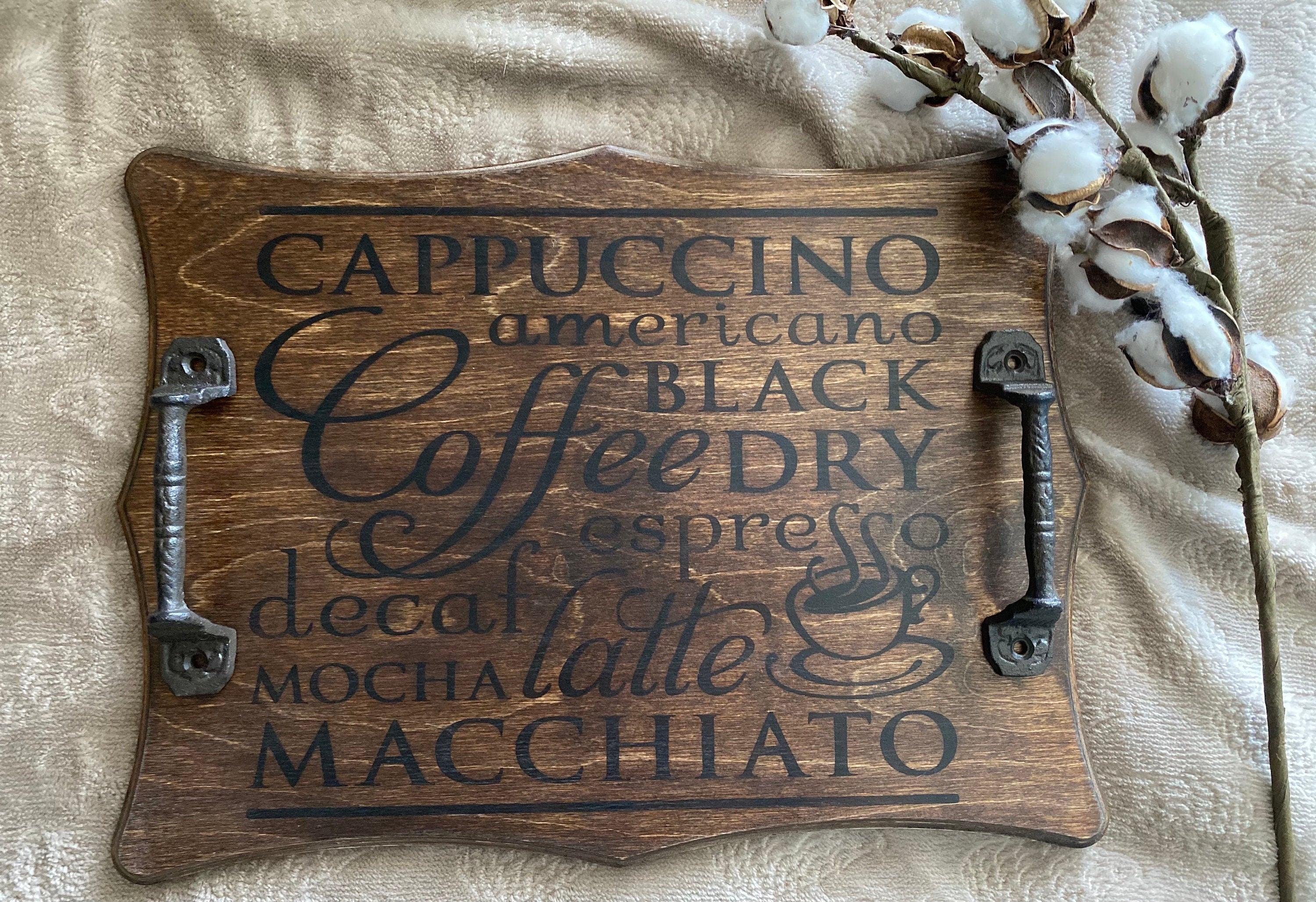 Handmade Coffee Rectangle Ottoman Tray made of maple plywood with a rich chestnut stain and coffee drink designs.