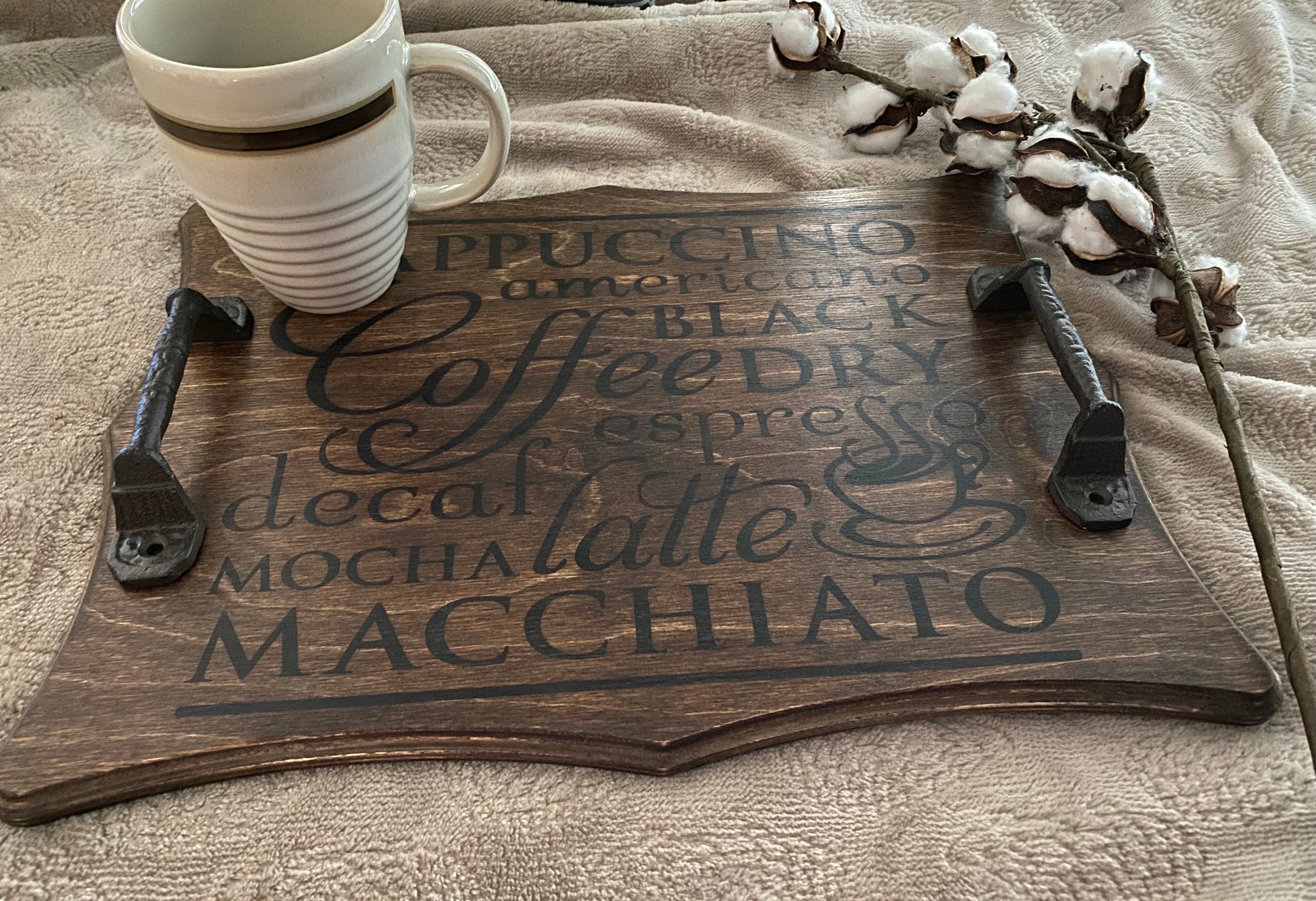 Handmade Coffee Rectangle Ottoman Tray made of maple plywood with a rich chestnut stain and coffee drink designs.