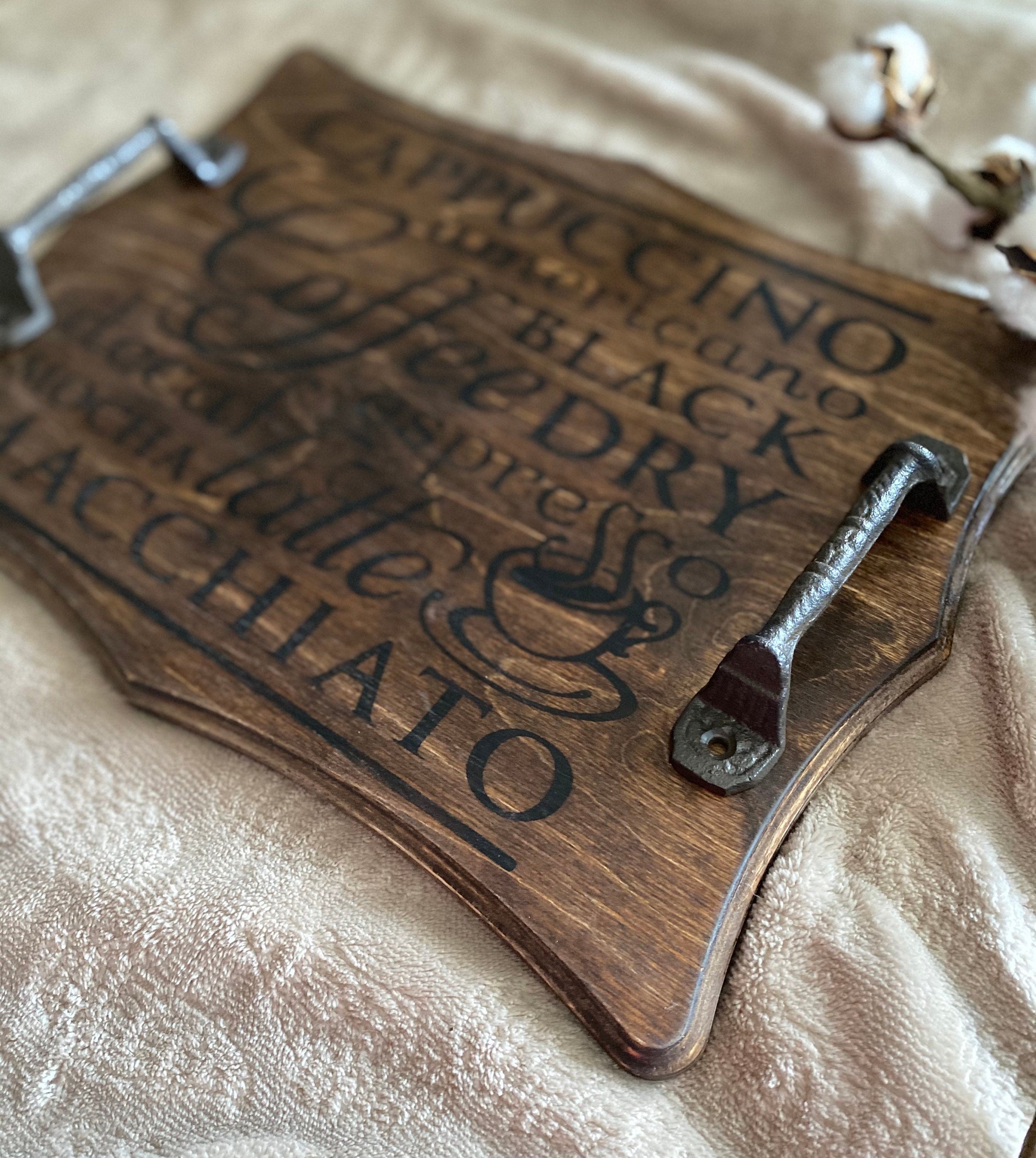 Handmade Coffee Rectangle Ottoman Tray made of maple plywood with a rich chestnut stain and coffee drink designs.