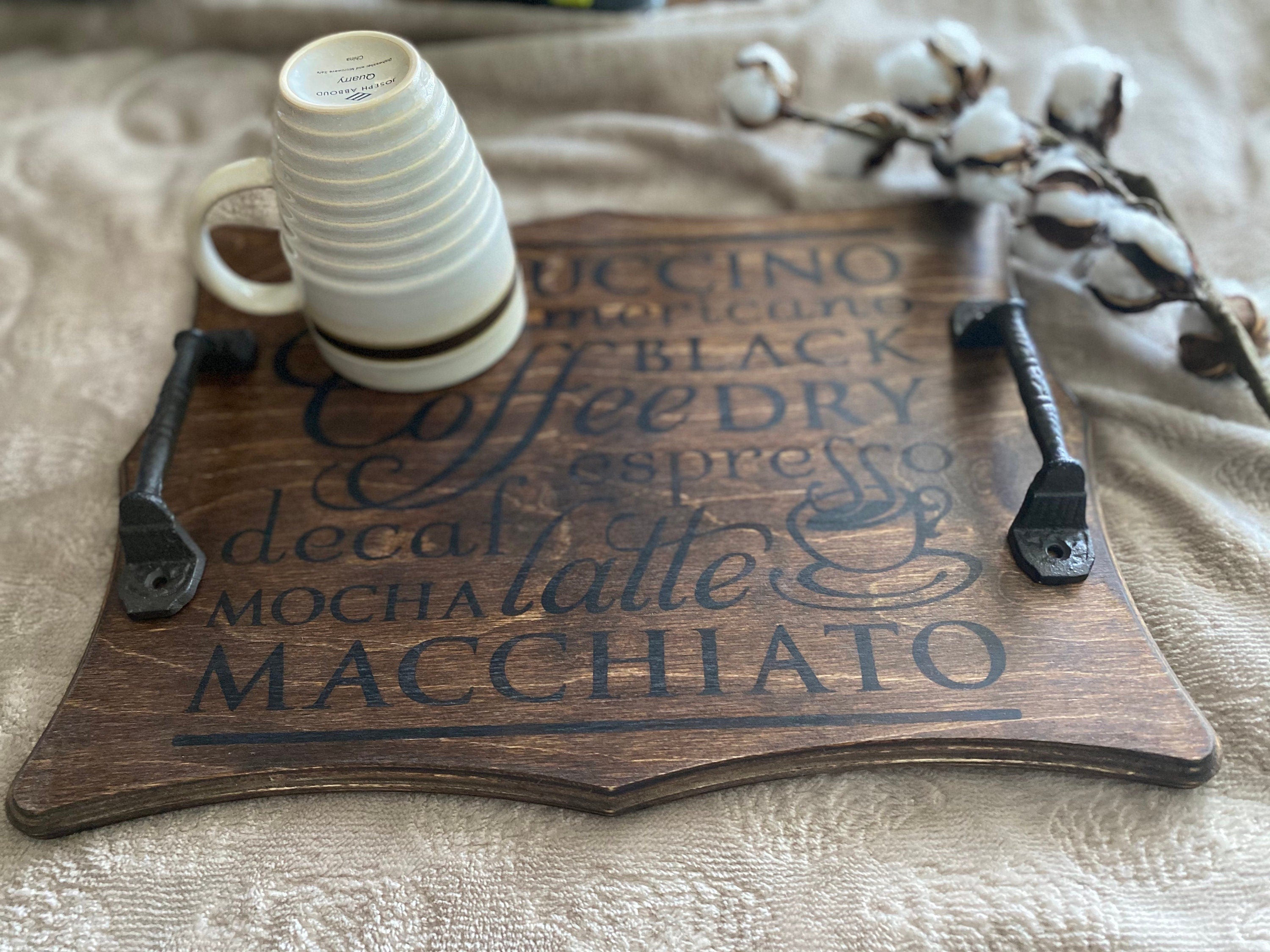 Handmade Coffee Rectangle Ottoman Tray made of maple plywood with a rich chestnut stain and coffee drink designs.