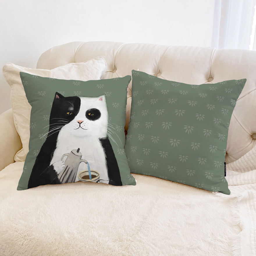 Coffee Roaster Cats floral cushions featuring vibrant double-sided designs, perfect for home decor.