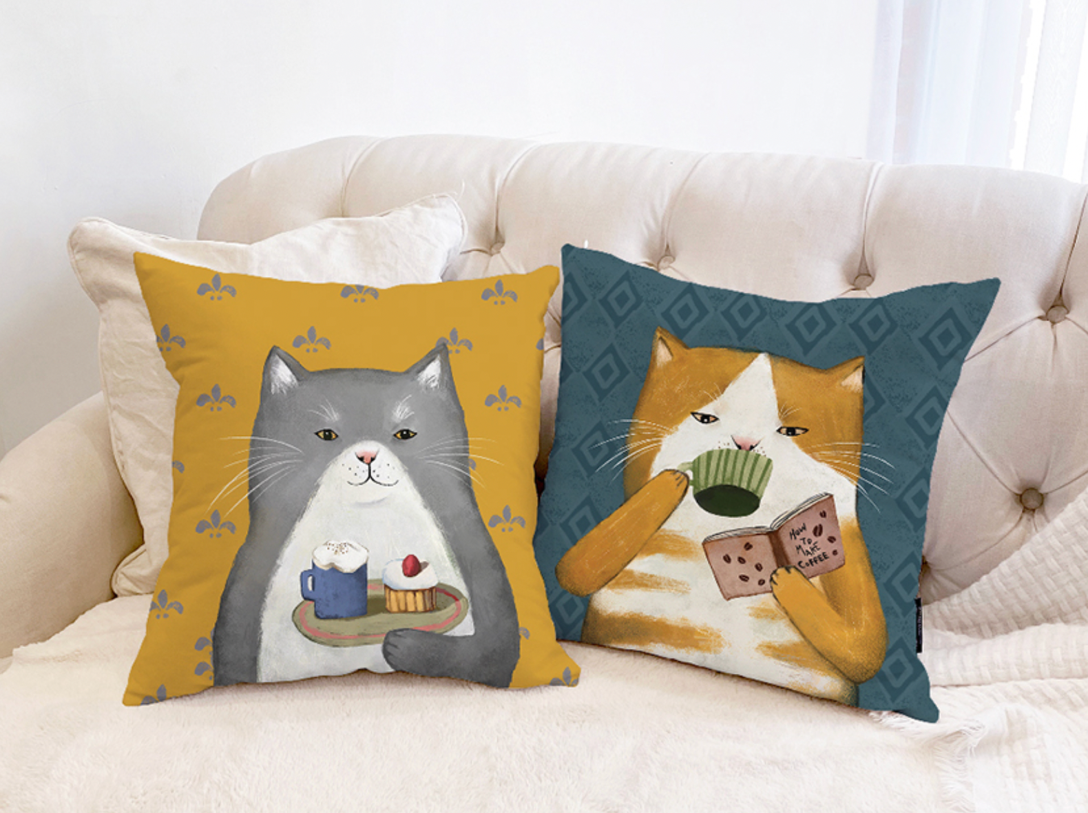 Coffee Roaster Cats floral cushions featuring vibrant double-sided designs, perfect for home decor.