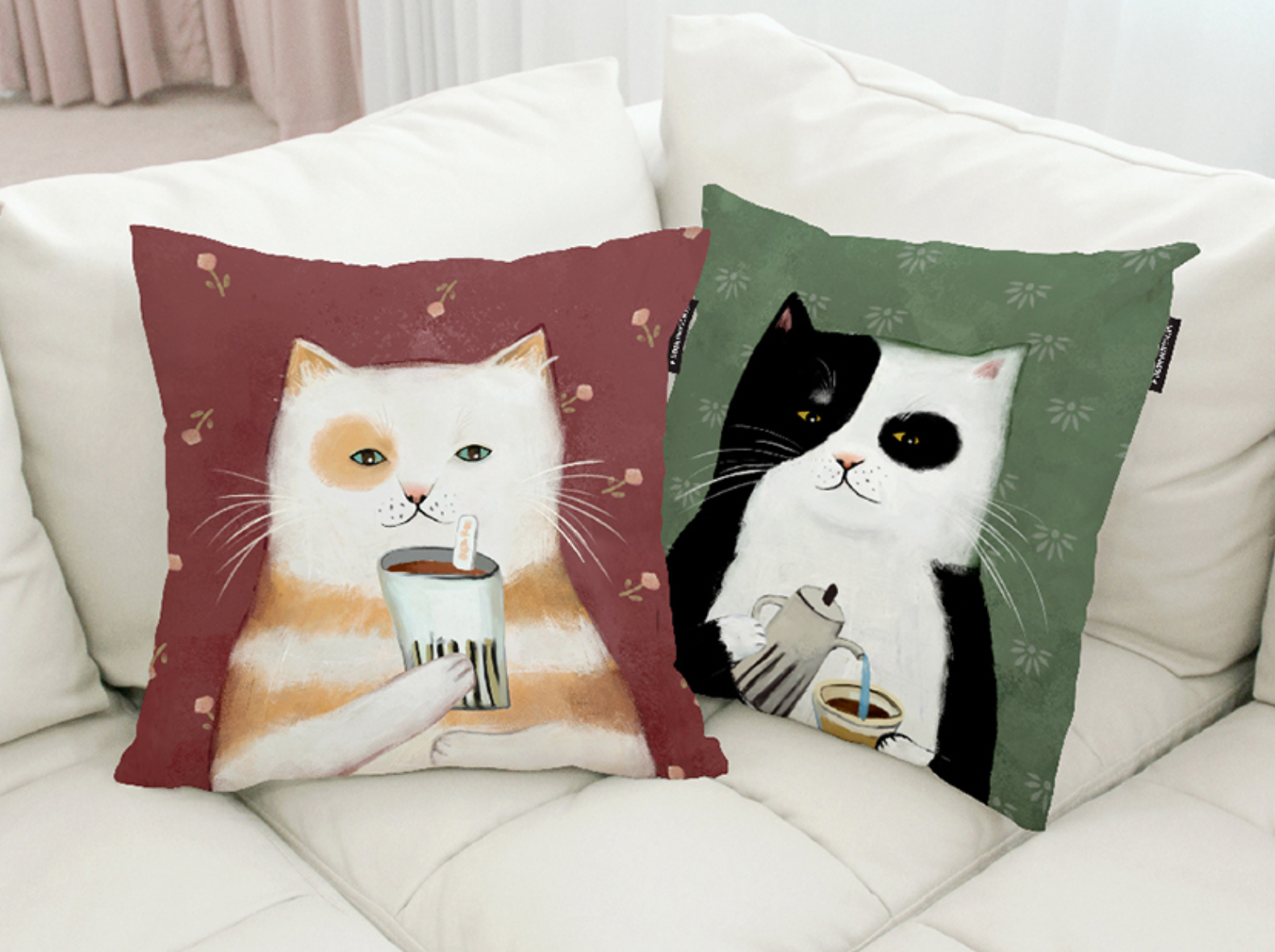 Coffee Roaster Cats floral cushions featuring vibrant double-sided designs, perfect for home decor.