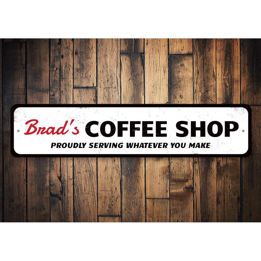 A decorative Coffee Shop Home Sign made of high-quality aluminum, featuring customizable text and pre-drilled holes for easy mounting.