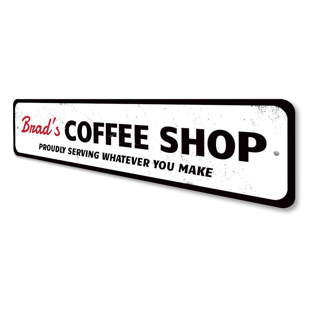 A decorative Coffee Shop Home Sign made of high-quality aluminum, featuring customizable text and pre-drilled holes for easy mounting.