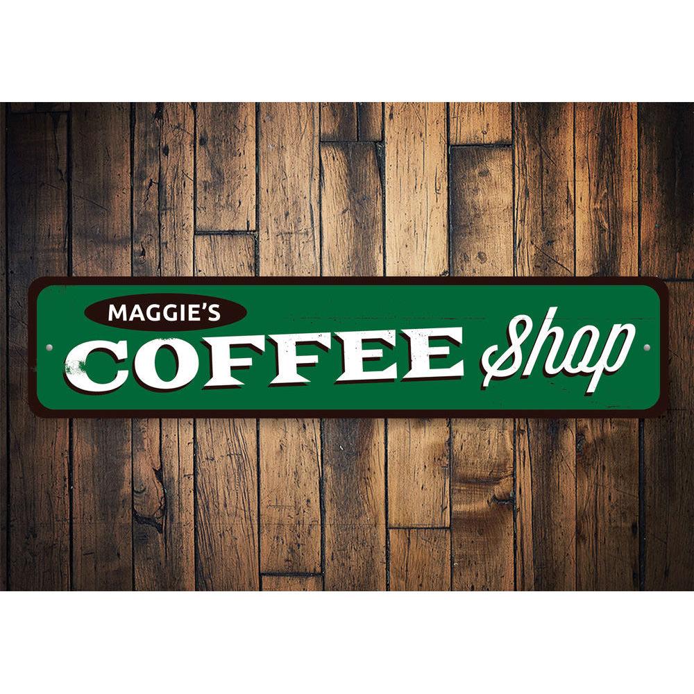 Customizable Coffee Shop Name Sign made from high-quality aluminum, featuring pre-drilled holes for easy mounting.