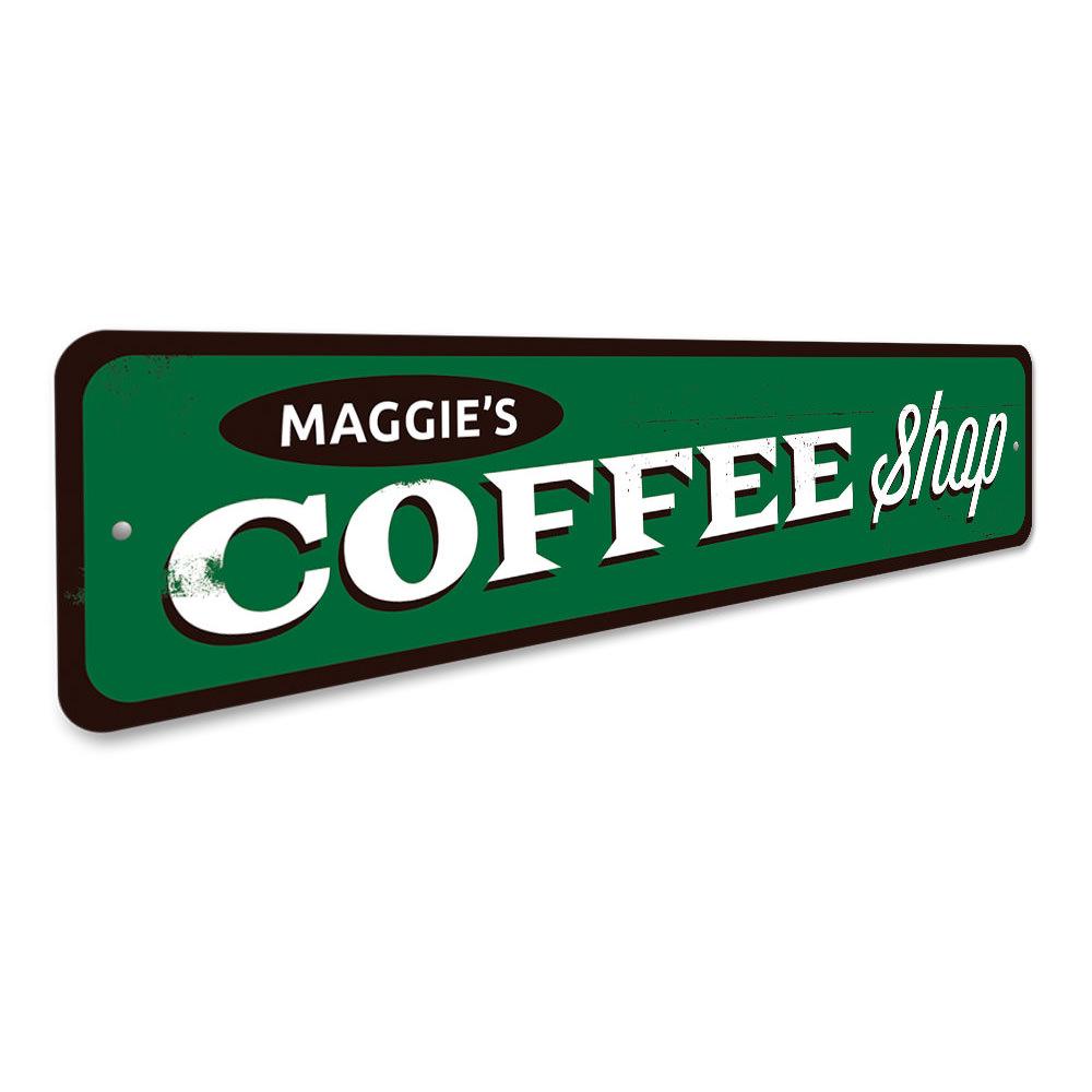 Customizable Coffee Shop Name Sign made from high-quality aluminum, featuring pre-drilled holes for easy mounting.