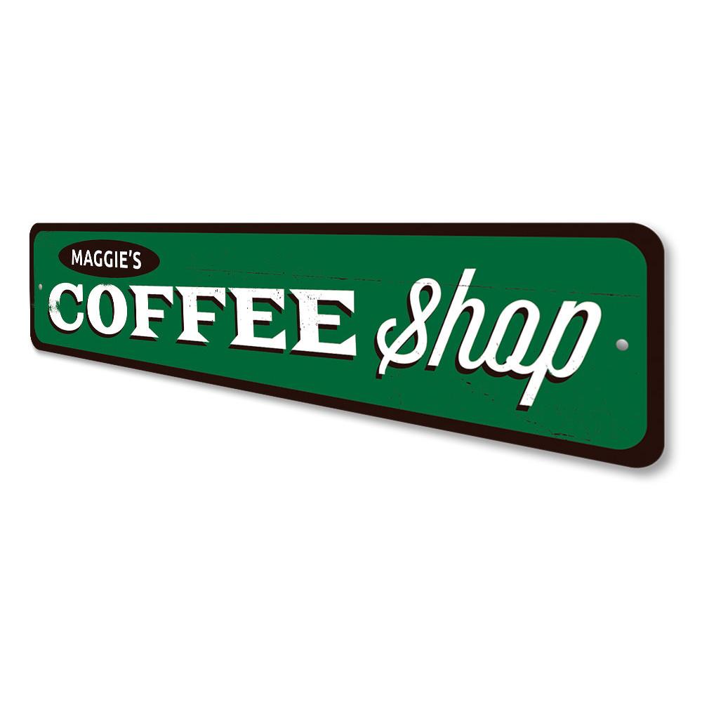 Customizable Coffee Shop Name Sign made from high-quality aluminum, featuring pre-drilled holes for easy mounting.