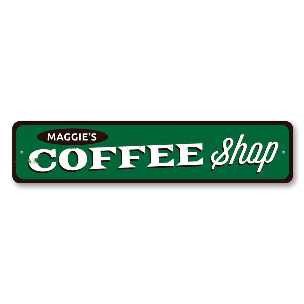 Customizable Coffee Shop Name Sign made from high-quality aluminum, featuring pre-drilled holes for easy mounting.