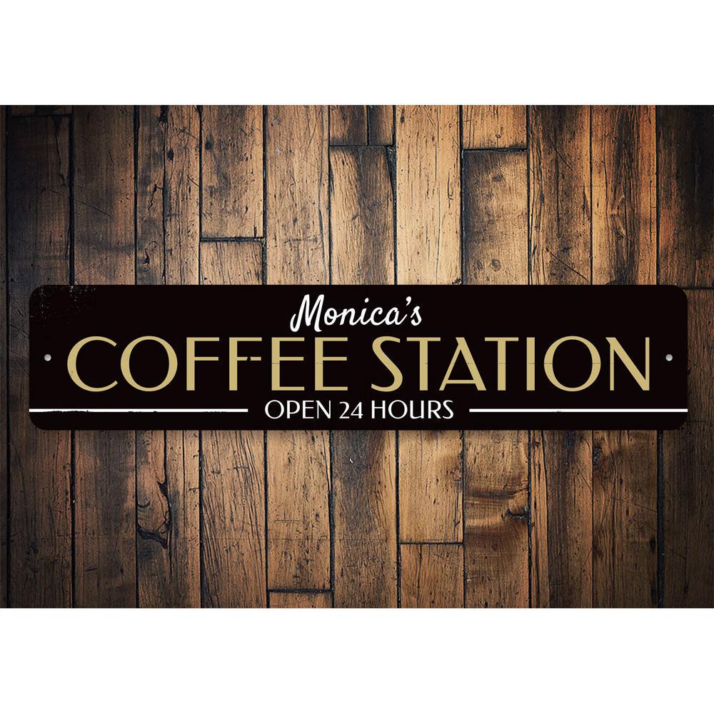 Customizable Coffee Station Sign made of high-quality aluminum, perfect for cafes and restaurants, featuring pre-drilled holes for easy mounting.