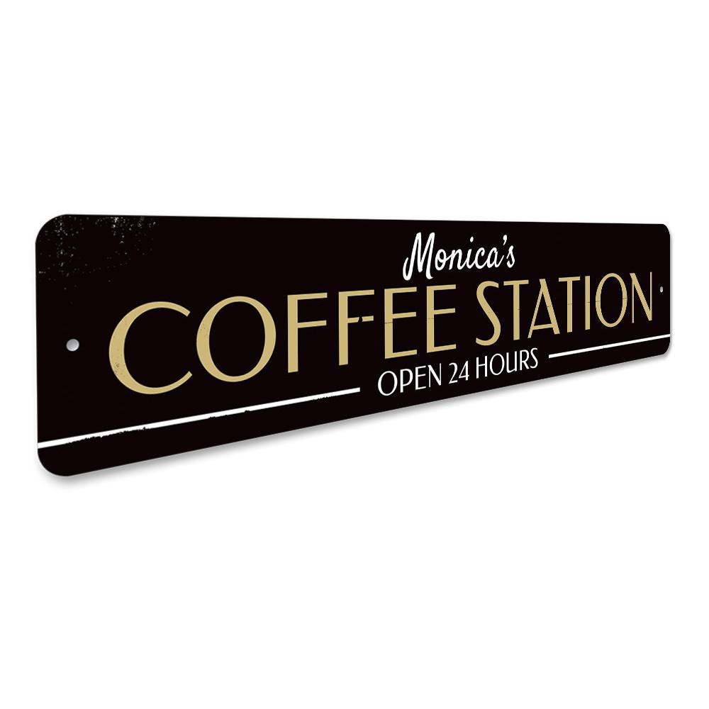 Customizable Coffee Station Sign made of high-quality aluminum, perfect for cafes and restaurants, featuring pre-drilled holes for easy mounting.