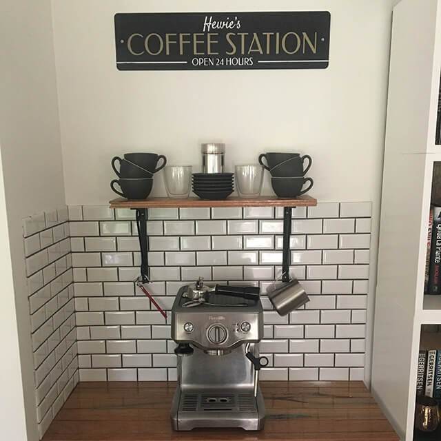 Customizable Coffee Station Sign made of high-quality aluminum, perfect for cafes and restaurants, featuring pre-drilled holes for easy mounting.