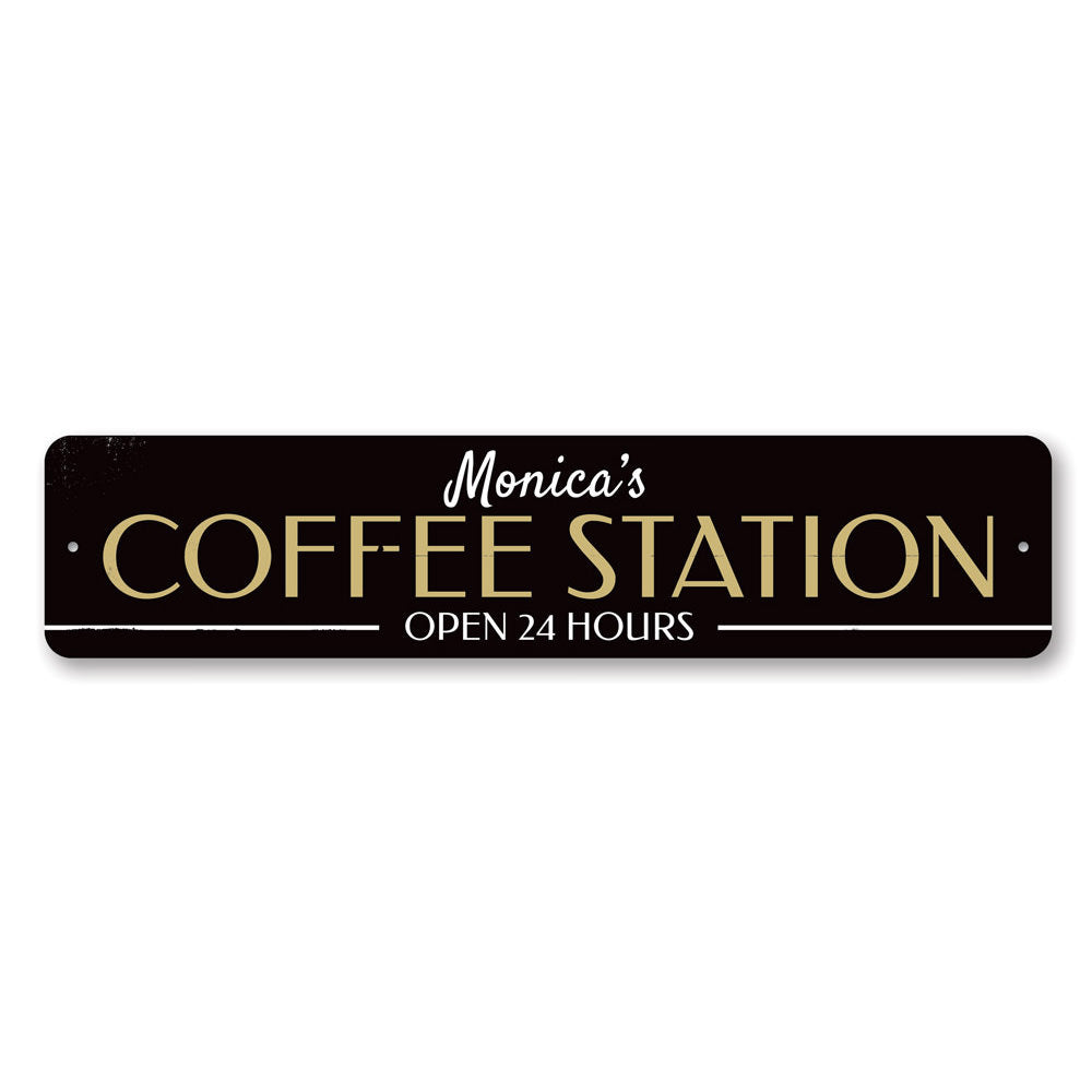 Customizable Coffee Station Sign made of high-quality aluminum, perfect for cafes and restaurants, featuring pre-drilled holes for easy mounting.