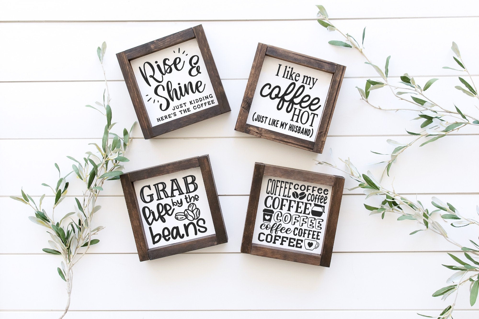 Handmade Coffee Wood Sign with matte white background and painted lettering, showcasing rustic charm and quality craftsmanship.