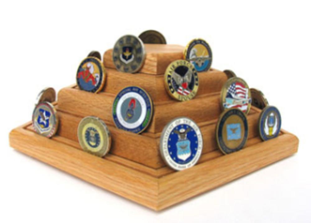 Pyramid display of military coins.