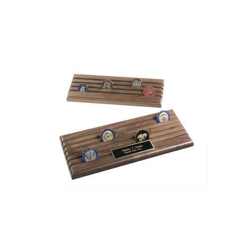 Elegant Coin Display Stand made of natural walnut wood, showcasing up to 48 military challenge coins.