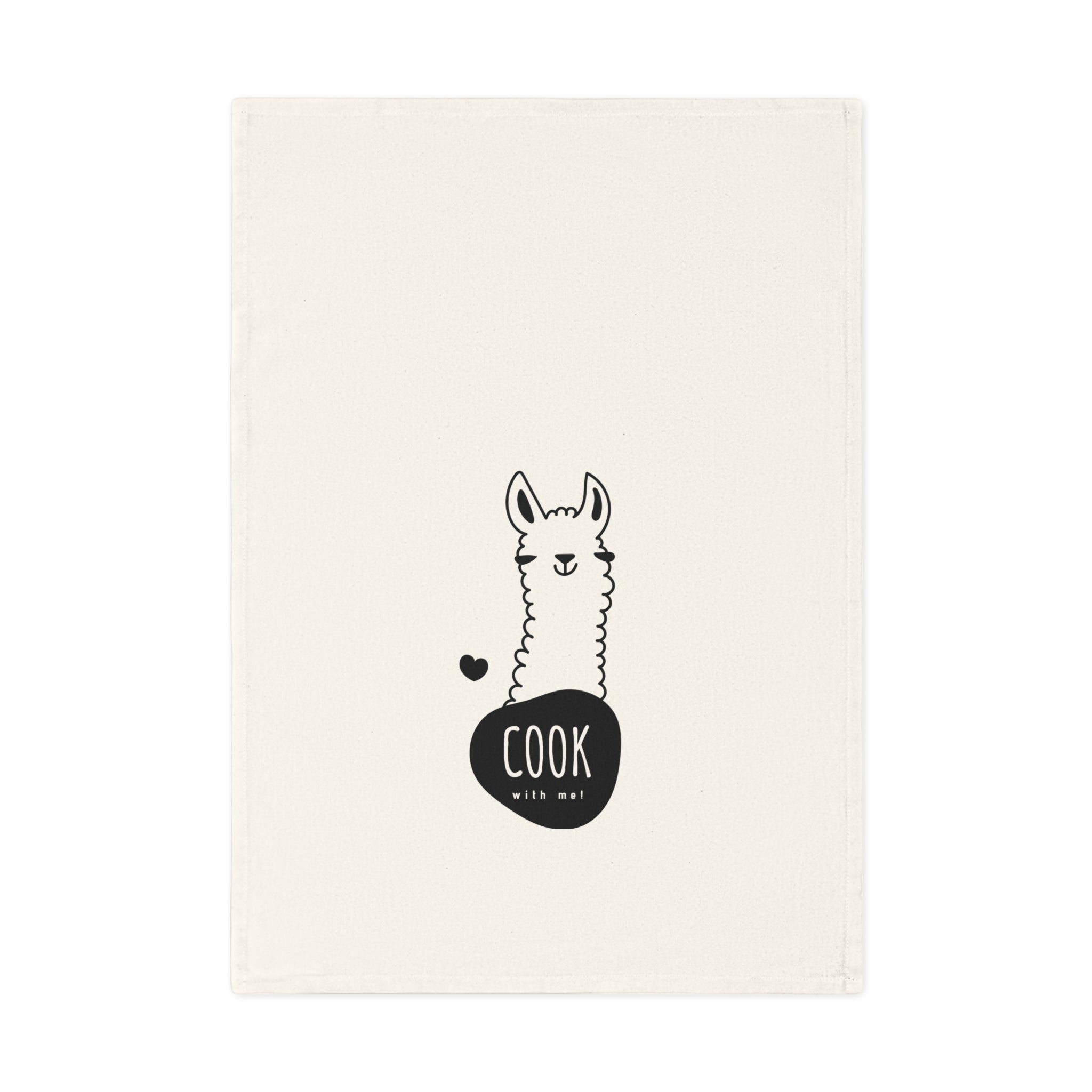 Cute llama cotton tea towel with 'cook with me' text, made from 100% organic cotton, measuring 50 x 70 cm.