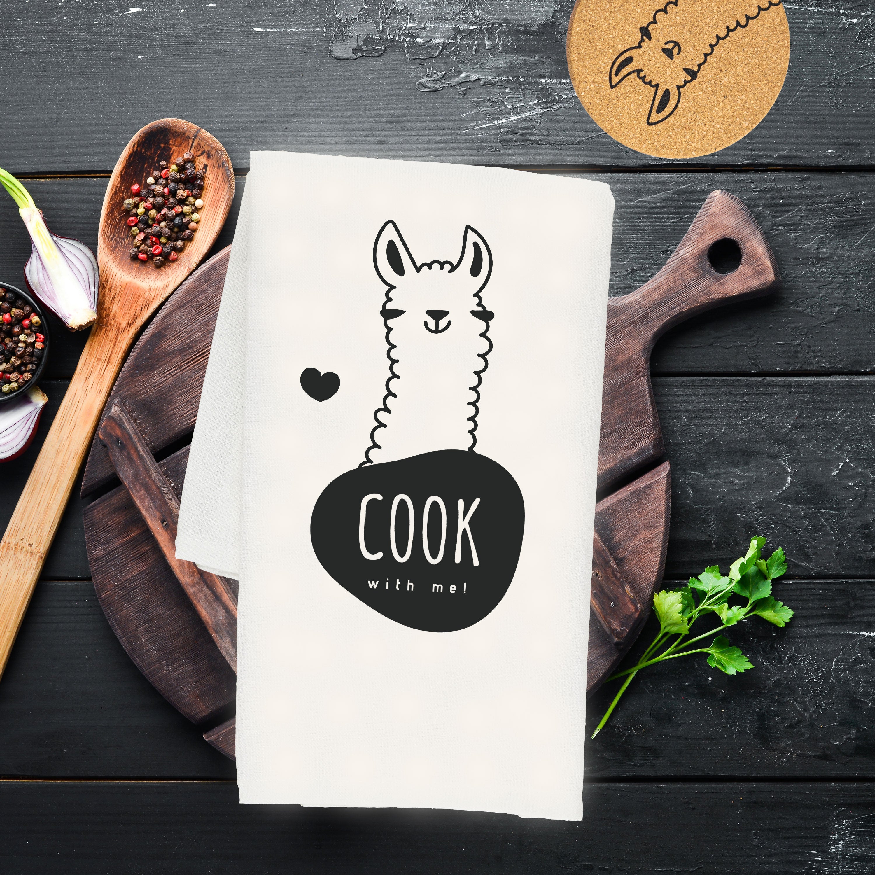 Cute llama cotton tea towel with 'cook with me' text, made from 100% organic cotton, measuring 50 x 70 cm.