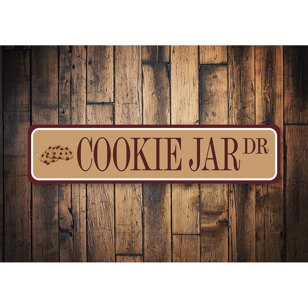 A charming Cookie Jar Sign made of high-quality aluminum, featuring customizable text and pre-drilled holes for easy mounting.