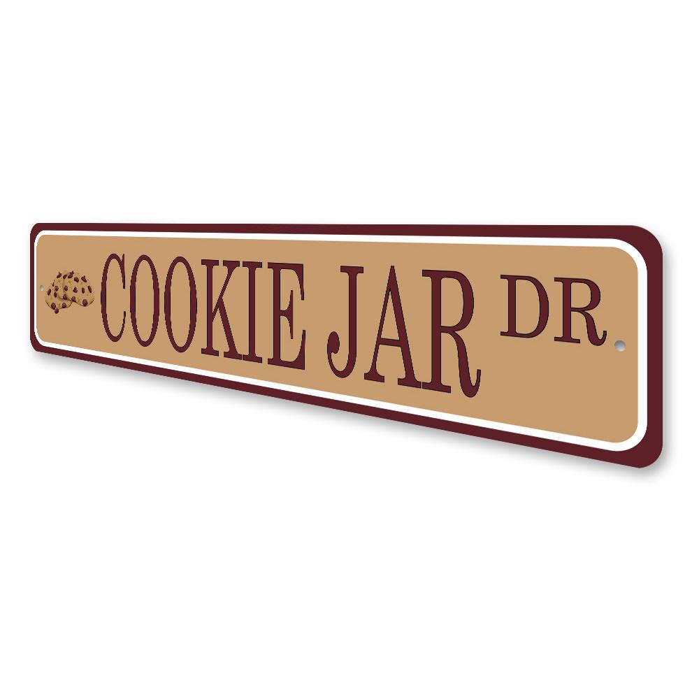 A charming Cookie Jar Sign made of high-quality aluminum, featuring customizable text and pre-drilled holes for easy mounting.