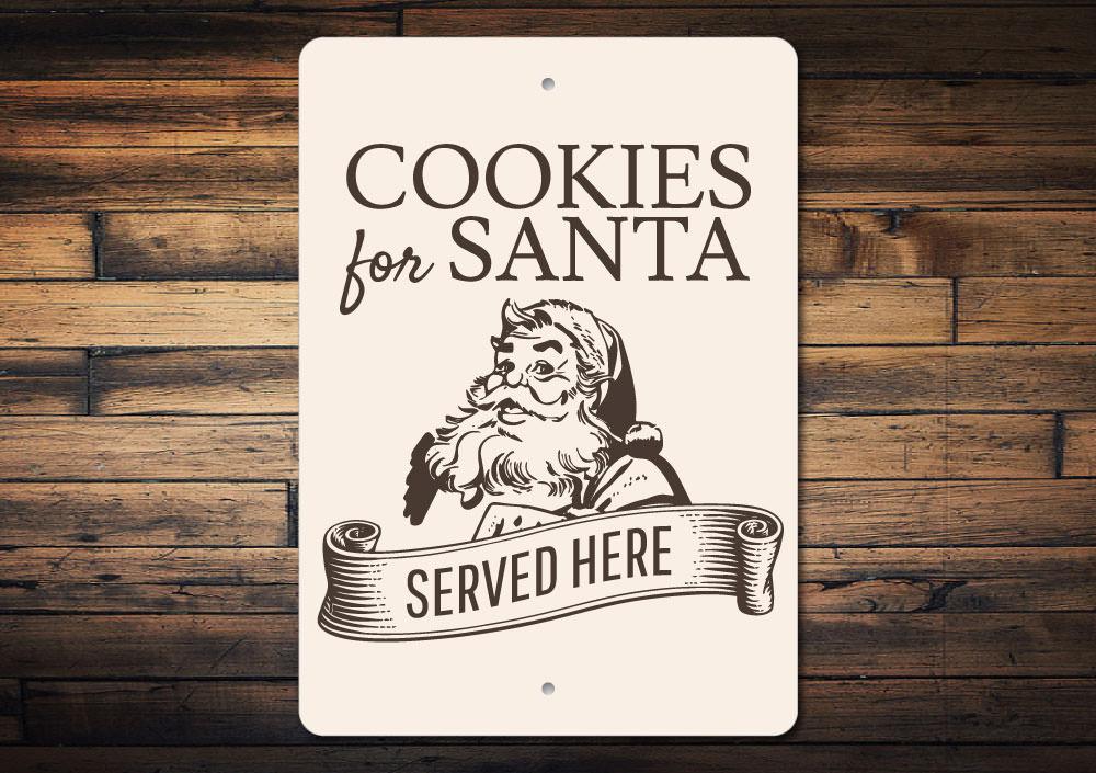 Cookies for Santa Served Here decorative sign made of aluminum, featuring festive colors and design, perfect for holiday decor.