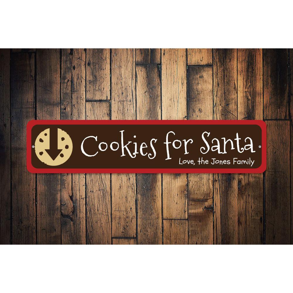 A festive Cookies for Santa Sign made of high-quality aluminum, featuring vibrant colors and a charming design, perfect for holiday decorations.