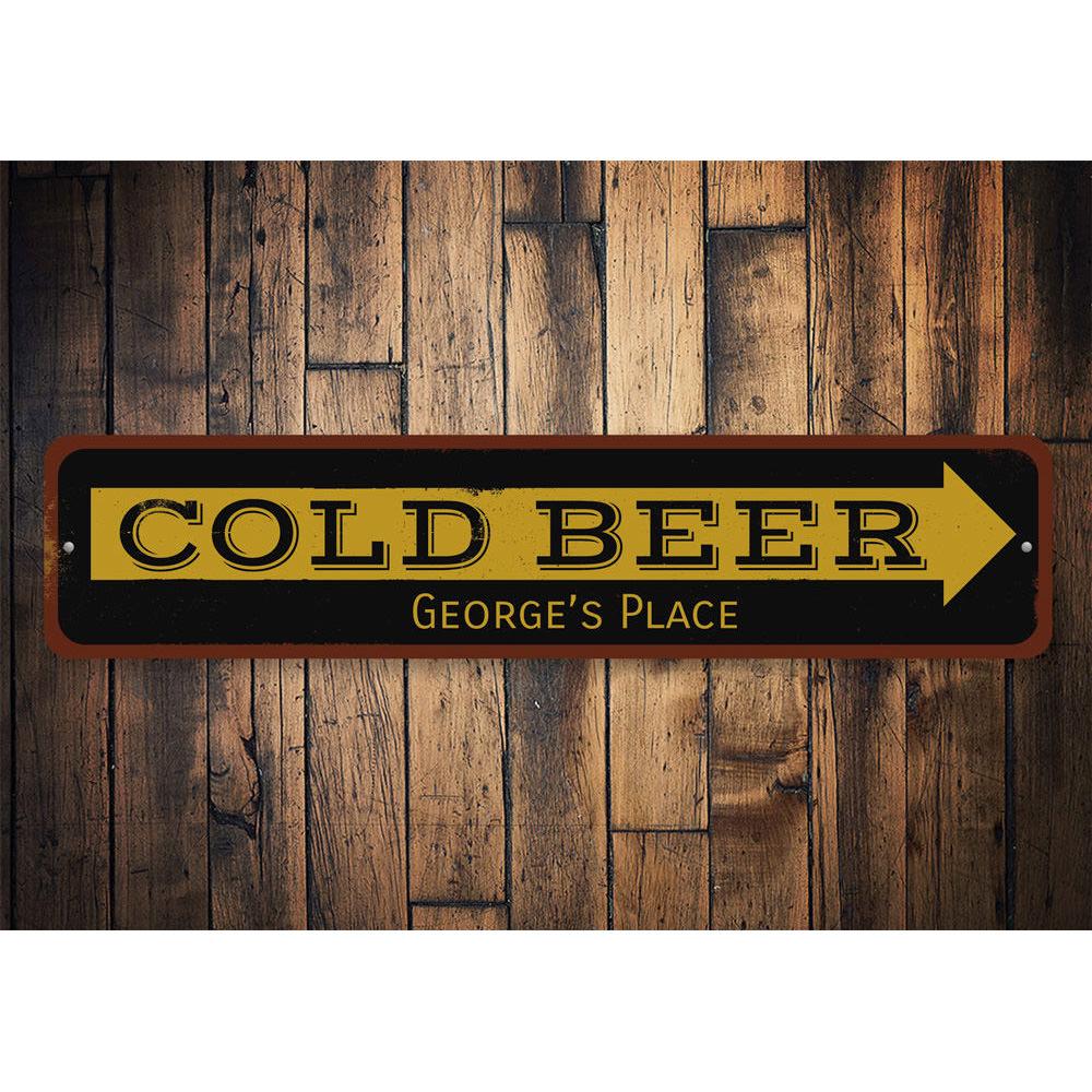 Cold Beer Arrow Sign made of durable aluminum, featuring vibrant colors and a customizable design, perfect for home bars and man caves.