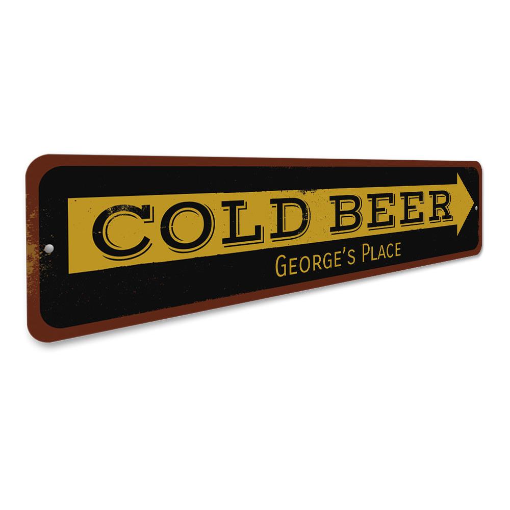 Cold Beer Arrow Sign made of durable aluminum, featuring vibrant colors and a customizable design, perfect for home bars and man caves.