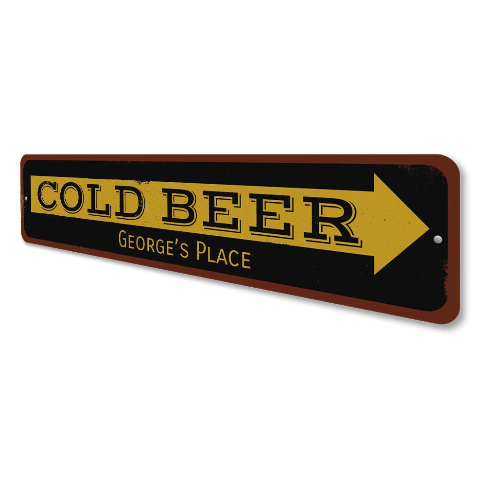 Cold Beer Arrow Sign made of durable aluminum, featuring vibrant colors and a customizable design, perfect for home bars and man caves.