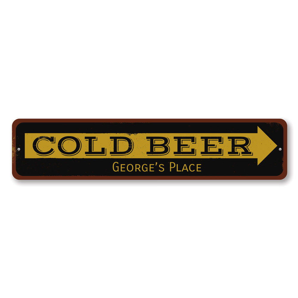 Cold Beer Arrow Sign made of durable aluminum, featuring vibrant colors and a customizable design, perfect for home bars and man caves.