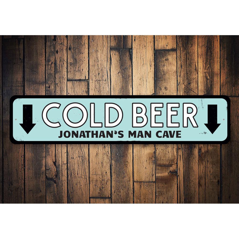 Cold Beer Arrows Sign made of high-quality aluminum, featuring a fun and decorative design suitable for man caves and kitchens.