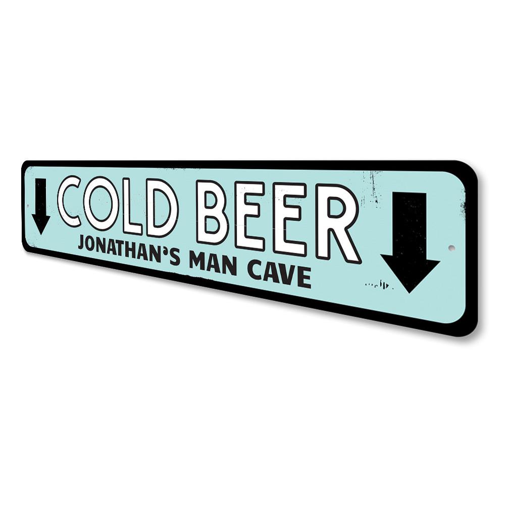 Cold Beer Arrows Sign made of high-quality aluminum, featuring a fun and decorative design suitable for man caves and kitchens.