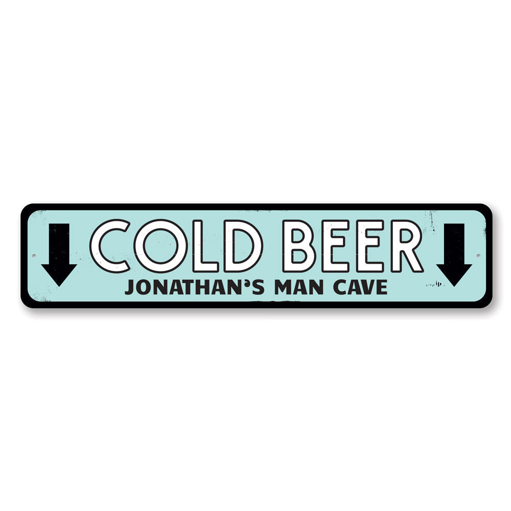 Cold Beer Arrows Sign made of high-quality aluminum, featuring a fun and decorative design suitable for man caves and kitchens.