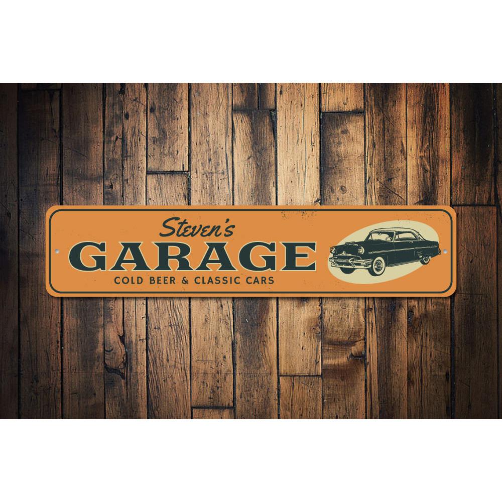 Cold Beer & Classic Cars Sign made of aluminum, featuring vibrant colors and a classic design, perfect for man caves and garages.