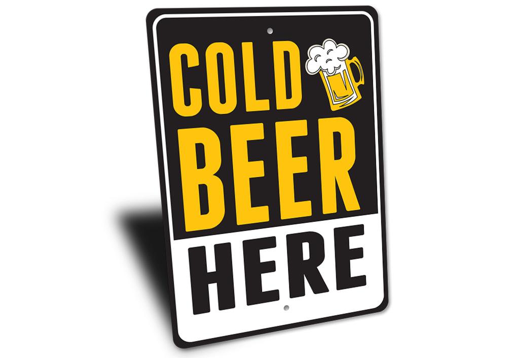 Cold Beer Here Sign made of durable aluminum, featuring vibrant colors and a fun design, perfect for man caves and kitchens.