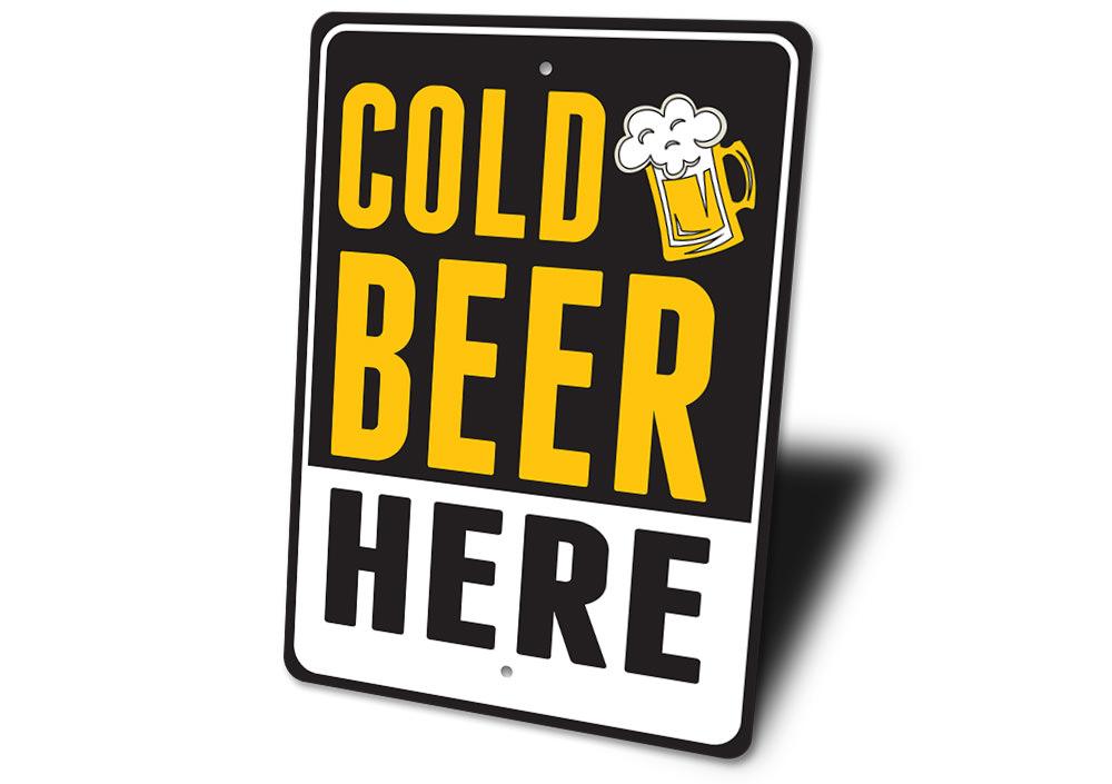 Cold Beer Here Sign made of durable aluminum, featuring vibrant colors and a fun design, perfect for man caves and kitchens.