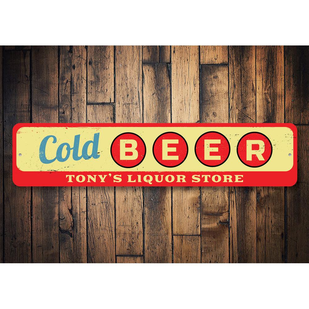 A decorative Cold Beer Sign made of high-quality aluminum, featuring vibrant colors and a fun design, perfect for home or man cave decor.