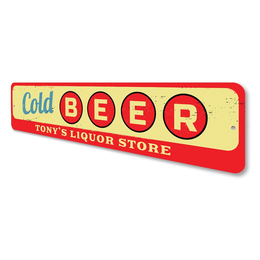 A decorative Cold Beer Sign made of high-quality aluminum, featuring vibrant colors and a fun design, perfect for home or man cave decor.