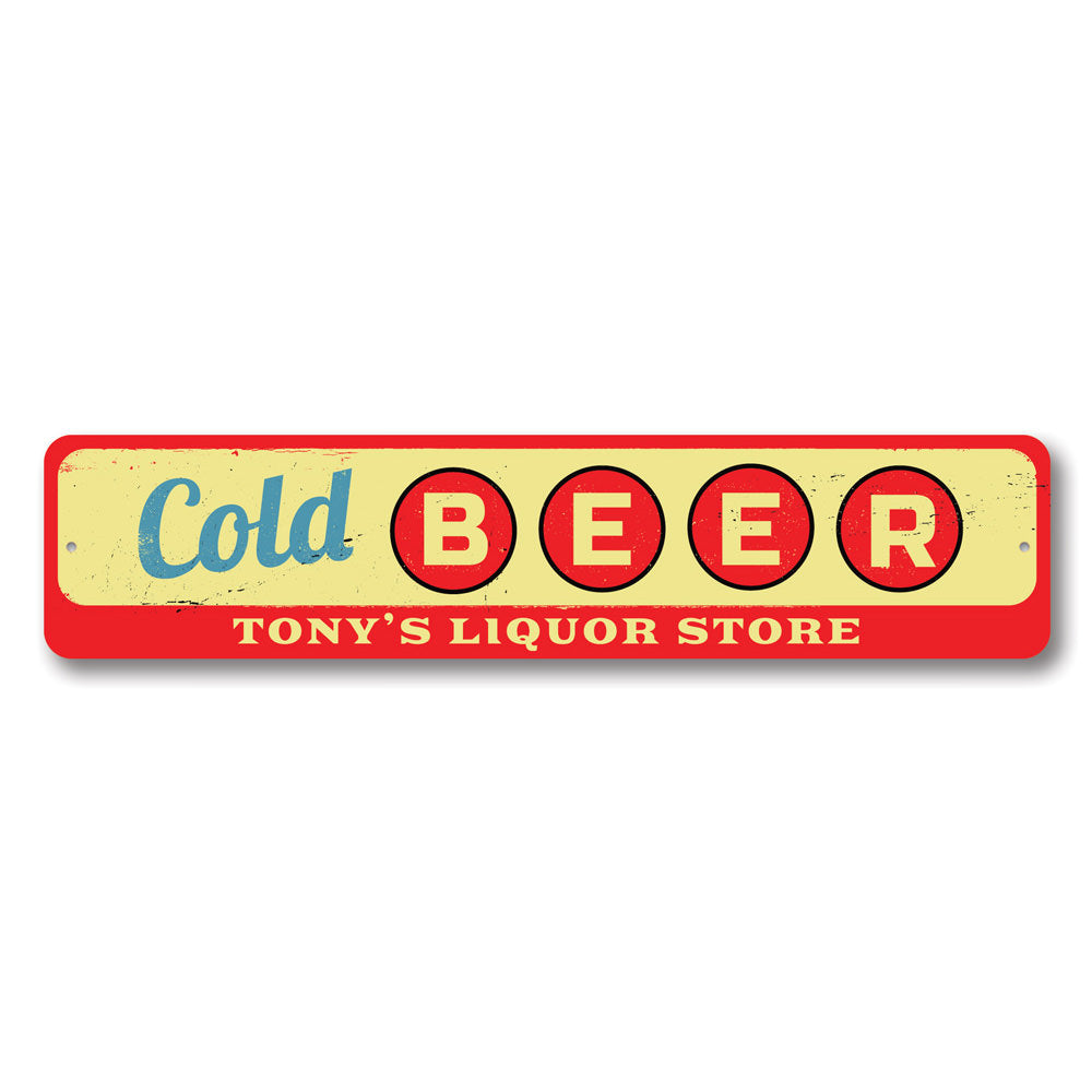 A decorative Cold Beer Sign made of high-quality aluminum, featuring vibrant colors and a fun design, perfect for home or man cave decor.