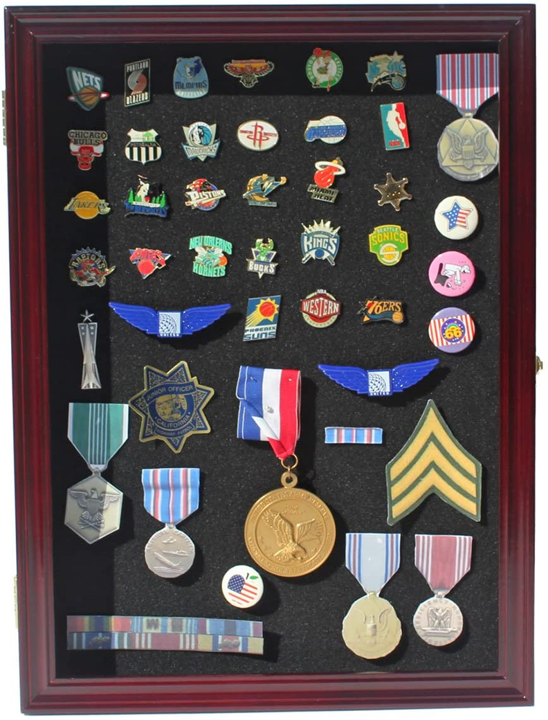 Elegant black shadow box display case for medals and pins, featuring brass hinges and a foam backing for secure placement.