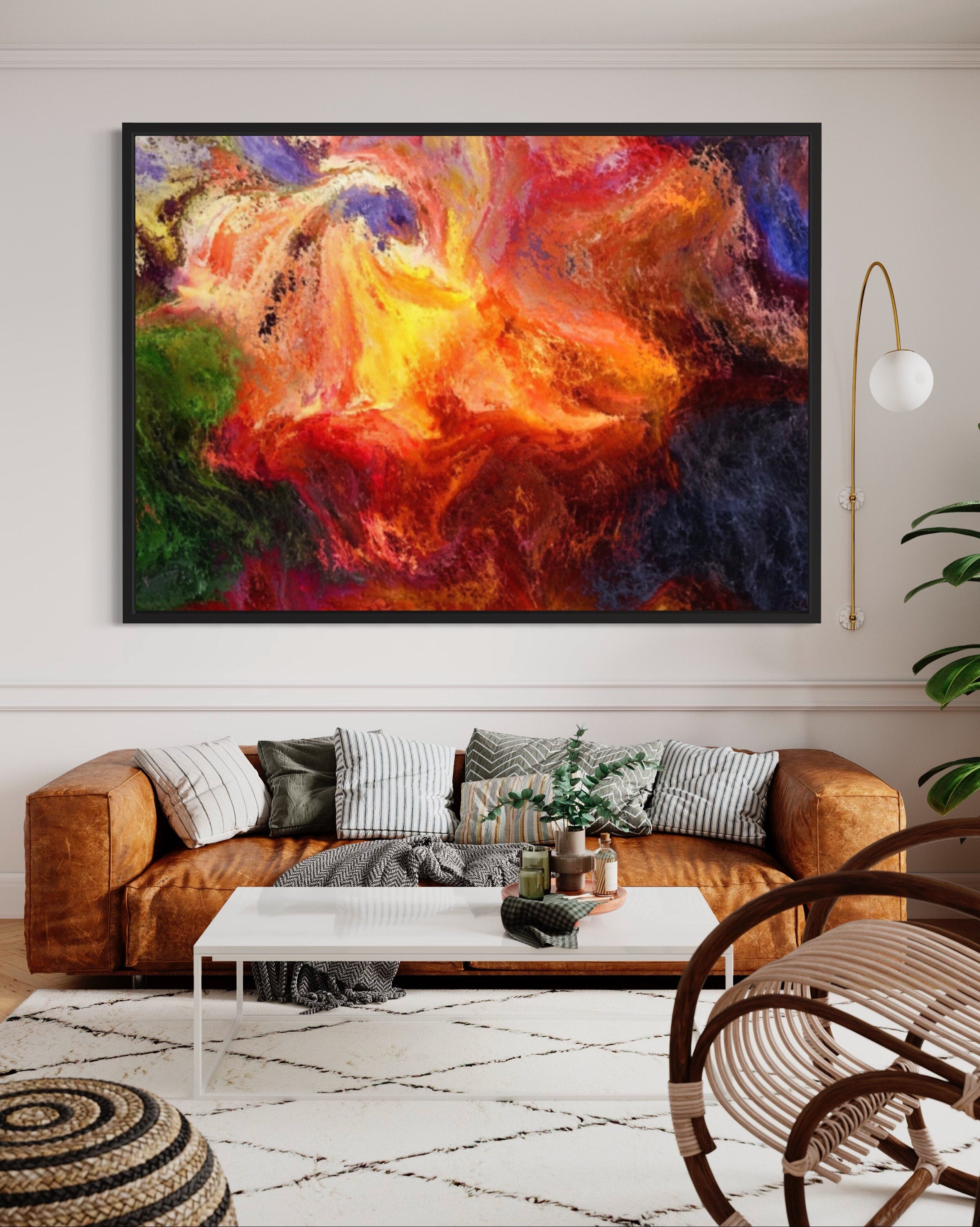 A vibrant and colorful abstract print featuring a blend of reds, oranges, blues, and greens, perfect for home decor.